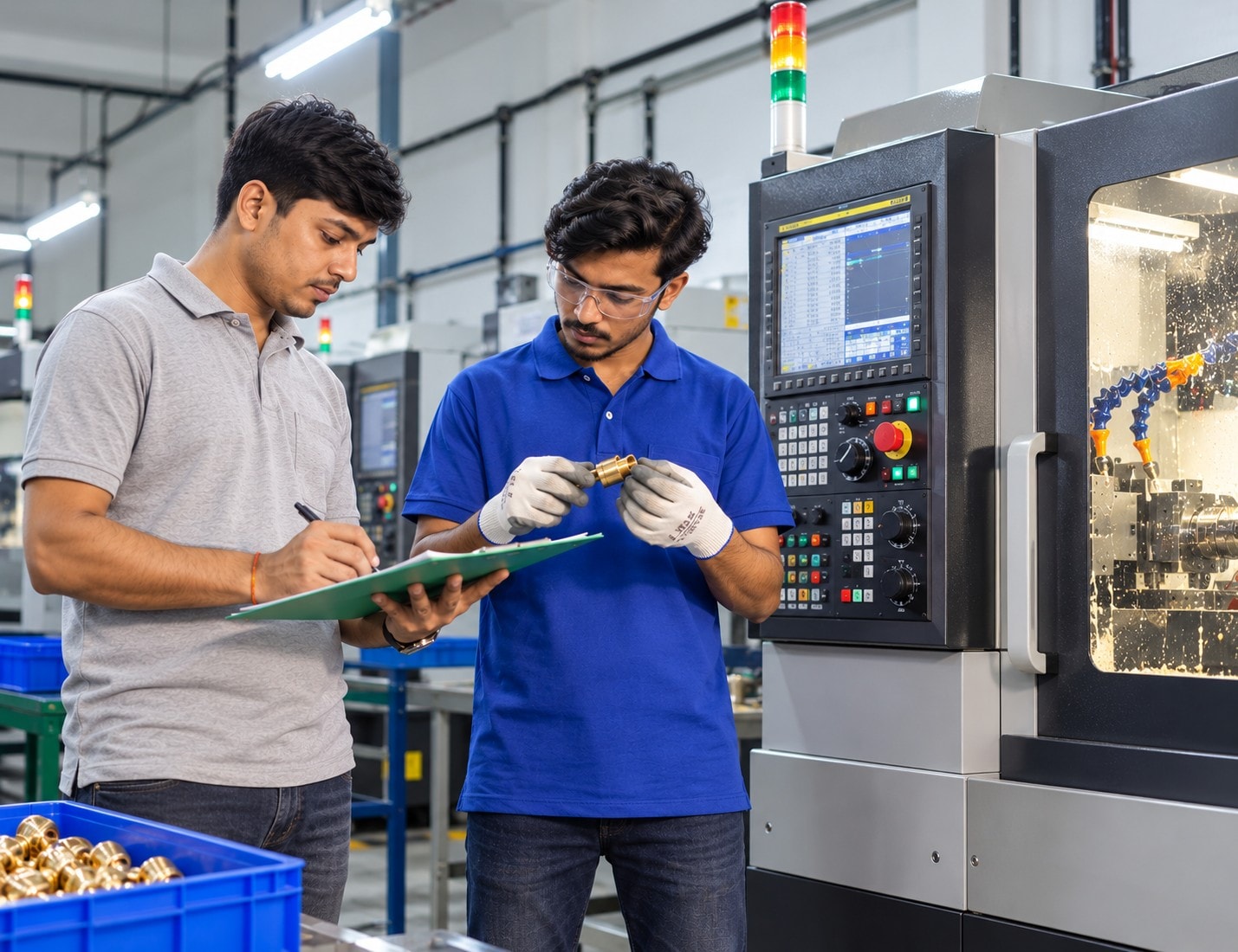 CABNIX technicians inspecting a machined brass component at a CNC machine